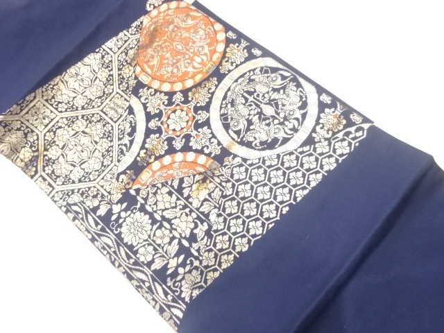 JAPANESE KIMONO / NAGOYA OBI / SILK / WOVEN PEOPLE RIDING HORSE & FLOWERS